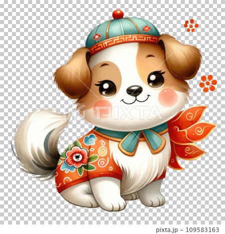 Chinese Zodiac Dog, Watercolor Art in Chinese Style. 109583163