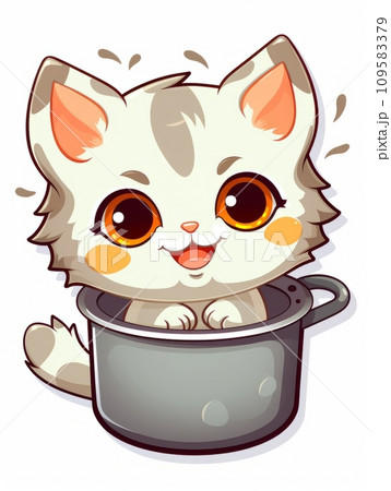AI-generated content. Cartoon sticker cute kitten in a kitchen pan, AI 109583379