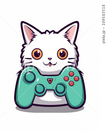 AI-generated content. Cartoon sticker cute gamer kitten with game joystick, AI 109583518