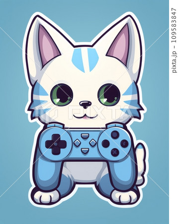 AI-generated content. Cartoon sticker cute gamer kitten with game joystick, AI AI-generated content. Cartoon sticker cute gamer kitten with game joystick, AI 109583847