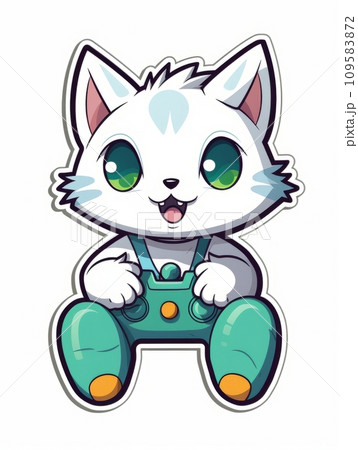 AI-generated content. Cartoon sticker cute gamer kitten with game joystick, AI 109583872
