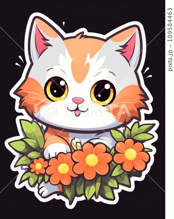 AI-generated content. Cartoon sticker cute kitten with flowers, AI 109584463