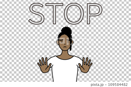An African woman who puts her hand out in front of her body to signal a stop. An African woman who puts her hand out in front of her body to signal a stop. 109584482
