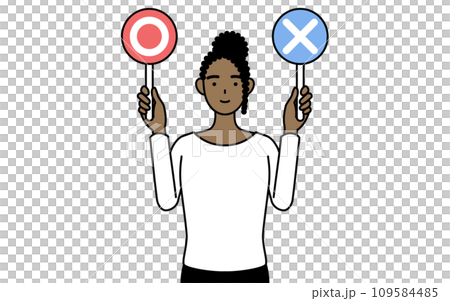 African woman holding a stick showing correct and incorrect answers African woman holding a stick showing correct and incorrect answers 109584485