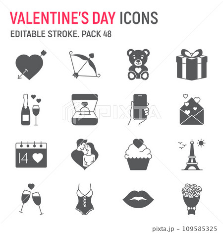 Valentines day glyph icon set, wedding collection, vector graphics, logo illustrations, Valentines day vector icons, love signs, solid pictograms, editable stroke 109585325