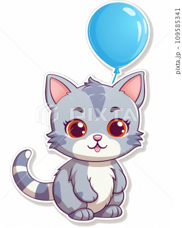 AI-generated content. Cartoon sticker cute kitten with blue balloon, AI 109585341