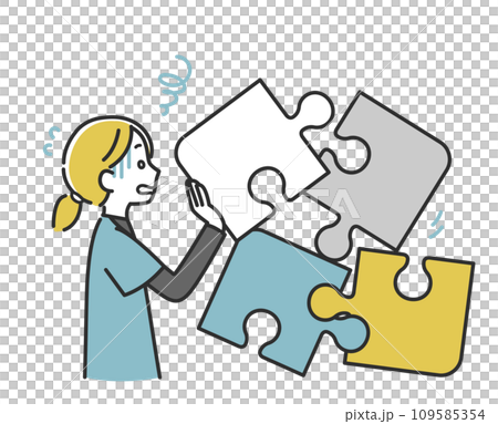 A female medical staff member is worried because the puzzles cannot be put together 109585354