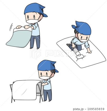 布団の掃除をするマスクをした男性のイラスト3パターン 109585659