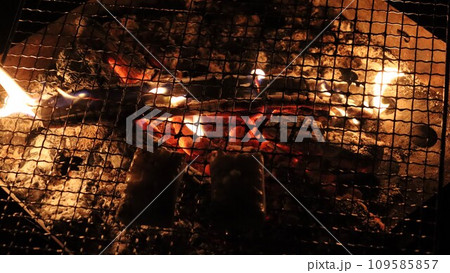 バーベキューの後　残り火で餅を焼く 109585857