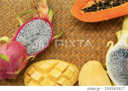 Delicious Exotic Tropic Fruits Top View on Wicker Mat Background Delicious Exotic Tropic Fruits Top View on Wicker Mat Background 109585927
