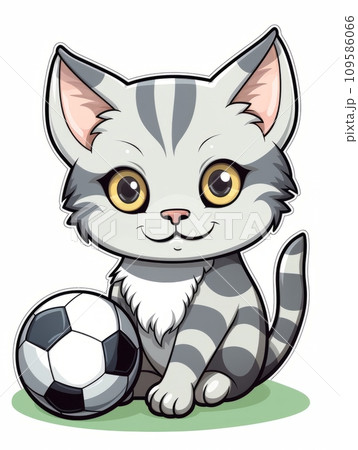 AI-generated content. Cartoon sticker cute kitten football player with a soccer ball, AI 109586066
