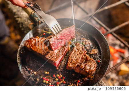 ワイルドに焼くステーキ Grill a steak over an outdoor ワイルドに焼くステーキ Grill a steak over an outdoor 109586606
