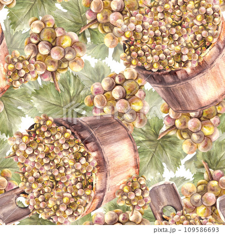 Watercolor seamless pattern. Bunch of green grapes, leaves with wooden bucket with the grape harvest. Grapevine hand painted. Wrapping paper, labels. Botanical illustration isolated white background.  109586693