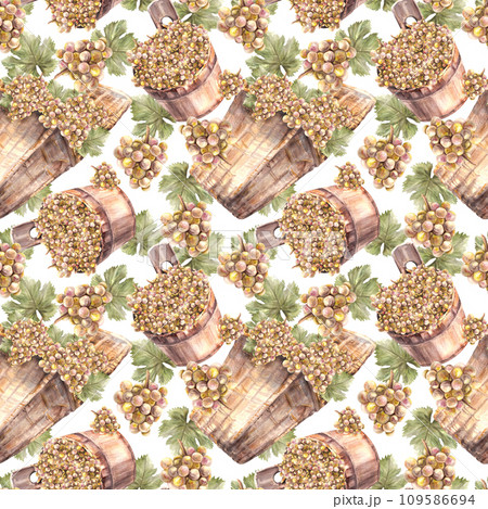 Watercolor seamless pattern. Bunch of green yellow grapes, leaves with basket and bucket of harvest. Grapevine hand painted. Wrapping paper, labels. Botanical illustration isolated white background.  109586694