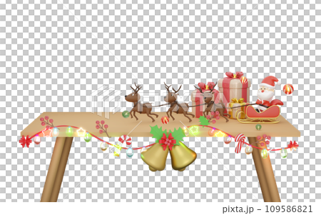 Santa claus with reindeer, sleigh, gift box, Jingle bell, candy cane, pine tree, calendar, clear glass lantern garlands on the table. merry christmas and happy new year, 3d render illustration 109586821