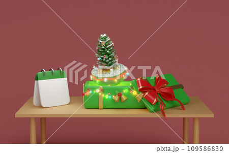 gift box with christmas tree, calendar, clear glass lantern garlands on the table. merry christmas and happy new year, 3d render illustration gift box with christmas tree, calendar, clear glass lantern garlands on the table. merry christmas and happy new year, 3d render illustration 109586830