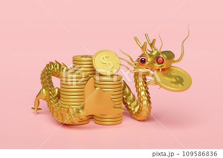 3d gold dragon with Gold dollar coins stacks, chinese new year 2024 capricorn. 3d render illustration 3d gold dragon with Gold dollar coins stacks, chinese new year 2024 capricorn. 3d render illustration 109586836