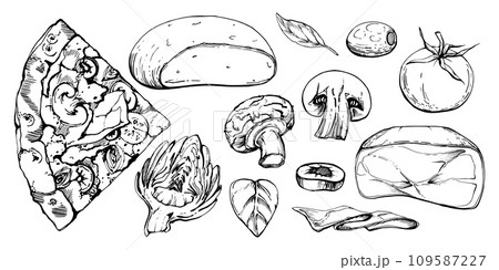Hand drawn vector ink illustration. Capricciosa pizza slice, mozzarella tomato basil olive prosciutto champignon. Set of objects isolated on white. Restaurant menu cafe food shop package, flyer print. 109587227