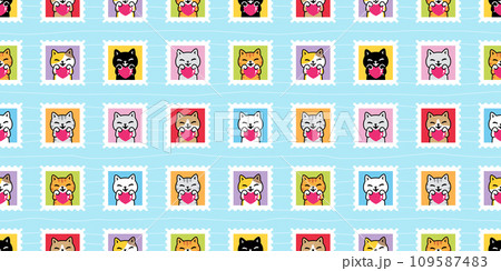 cat seamless pattern heart valentine kitten stamp post mail calico munchkin neko vector cartoon pet sticker doodle gift wrapping paper tile background repeat wallpaper illustration isolated design 109587483