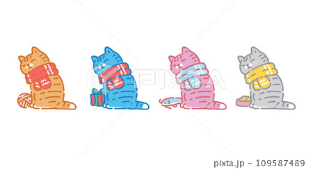 cat vector christmas scarf icon calico neko kitten pet bowl yarn ball gift box cartoon character symbol tattoo illustration clip art isolated design 109587489