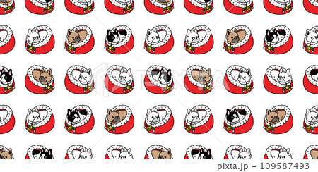 dog seamless pattern french bulldog Christmas sleeping bed Santa Claus vector cartoon puppy pet doodle gift wrapping paper tile background repeat wallpaper illustration scarf isolated design 109587493