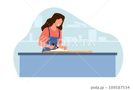 Woman uses planer to work on wooden planks. Female craftsman carpenter in overall carving on wood. Joiner with construction equipment making furniture cartoon flat isolated vector concept 109587534