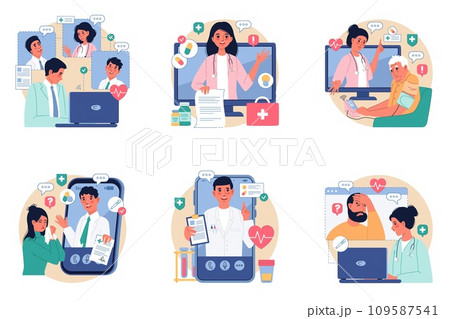Telemedicine. Remote medical treatment, online consultations, healing process digital monitoring, doctors and patients chat. Pharmacy care, mobile clinic cartoon flat isolated vector set 109587541