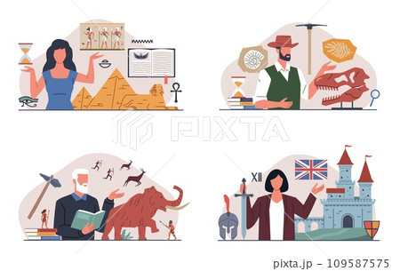 History lesson concept. Time periods of civilization development, Ancient Egypt, Rome, Stone Age, knowledge of past. Male and female teachers cartoon flat isolated nowaday vector set 109587575