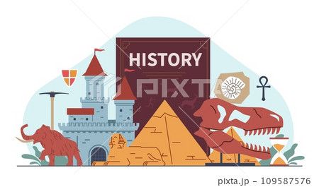 History elements composition. Time periods, elements of ancient civilizations, school subject, historical book, Egyptian pyramids, dinosaur bones, and castle, cartoon nowaday vector concept 109587576