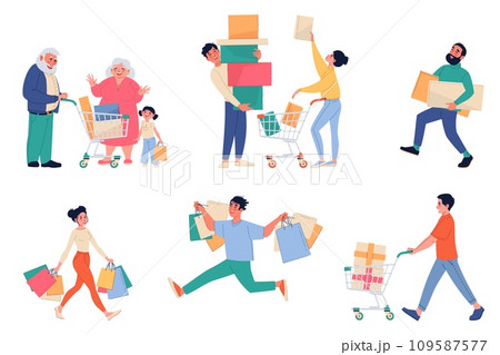 Happy people on shopping. Male and female characters with packages, boxes and carts, buying goods, chasing sales and discounts, buying gifts and presents cartoon flat isolated vector set 109587577