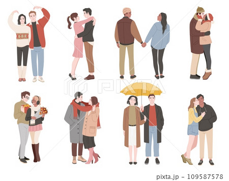 Happy couples in love. Romantic girls and guys in a relationship, people kissing and hugging, men and women lovers characters. Girlfriend and boyfriend together. Cartoon flat tidy vector set 109587578