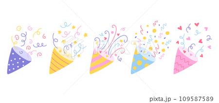 Party Confetti Popper Set. Collection of Isolated confetti, explosion, firecracker, celebration in hand drawn style. Vector illustration. Party Confetti Popper Set. Collection of Isolated confetti, explosion, firecracker, celebration in hand drawn style. Vector illustration. 109587589
