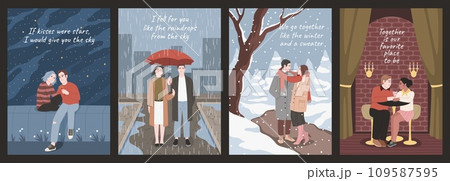 Cards with happy romantic couples. Cute people in love relationship, valentines day posters, young men and women hugging, winter and autumn. Cartoon flat isolated tidy vector set 109587595