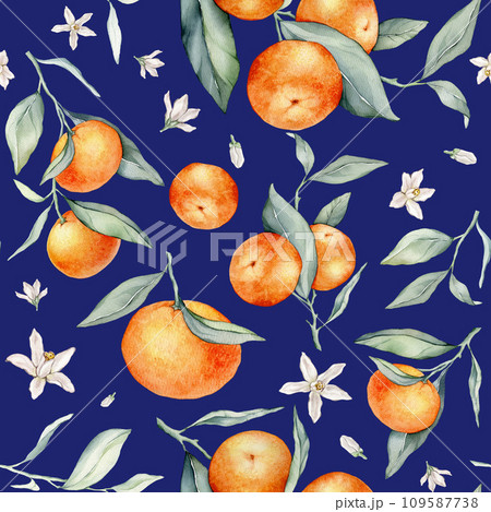 Seamless Pattern with Orange Fruit Branches, green leaves and white flower. Hand drawn watercolor illustration of citrus food for textile design. Print with tangerine on isolated background. 109587738