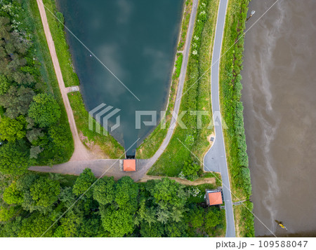 Nature's Intersection: Confluence of River and Pathway 109588047