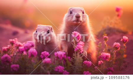 A pair of cute, fluffy marmots crawled out of their hole in the mountains, on a sunny, spring day, among pink beautiful flowers. A pair of cute, fluffy marmots crawled out of their hole in the mountains, on a sunny, spring day, among pink beautiful flowers. 109588176