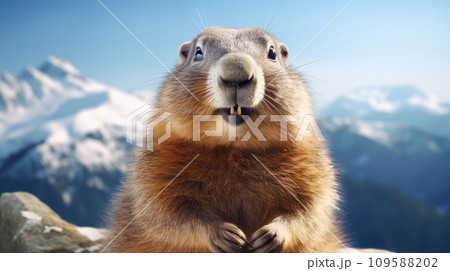A cute fluffy marmot crawled out of its hole among the mountains and rocks on a sunny spring day. 109588202