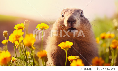 A cute fluffy marmot crawled out of its hole among meadow grasses and flowers on a sunny spring day. 109588204