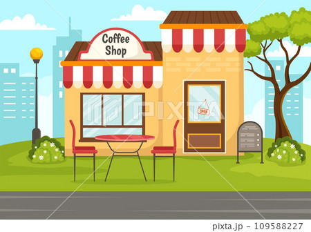 Coffee Shop Vector Illustration with Interior and Furniture Suitable for Poster or Advertisement in Flat Cartoon Background Design 109588227