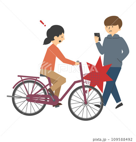 女性の運転する自転車とスマホを見ながら歩く男性が衝突するイラスト 109588492