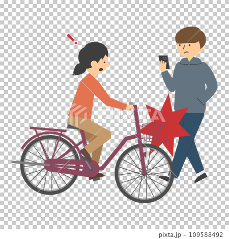 Illustration of a collision between a bicycle driven by a woman and a man walking while looking at his smartphone 109588492