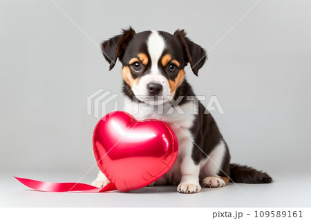 Cute little dog with a Red Heart a balloon. Happy Valentine's Day. 109589161
