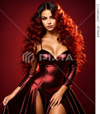 Beautiful woman with long curly hair posing in red dress. Beauty, fashion. Valentine's Day. Beautiful woman with long curly hair posing in red dress. Beauty, fashion. Valentine's Day. 109589171