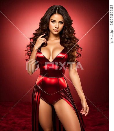 Sexy brunette woman in red dress. Red background. Beauty, fashion. Valentine's Day. 109589182