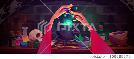 Witch hands conjuring over cauldron with potion Witch hands conjuring over cauldron with potion 109589279