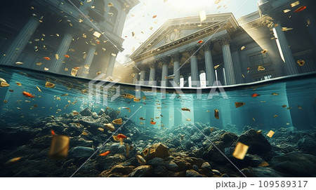 Classic building with pillars half-submerged in water, with money sinking underwater, symbolizing a financial crisis or bank failure. 109589317