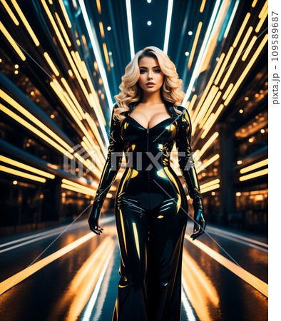 a beautiful woman in a black latex costume. 109589687