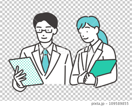 タブレットを見て話し合いをする研究者のアイコンのベクターイラスト素材 109589855