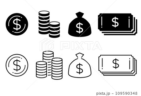 ドルのコインや紙幣アイコン モノクロ ドルのコインや紙幣アイコン モノクロ 109590348