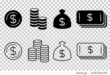美元硬幣和紙幣圖標單色 美元硬幣和紙幣圖標單色 109590348